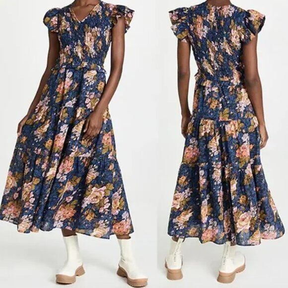 NWOT Sea NY Tuckernuck Ines Floral Flutter Cap Smocked Tiered Ramie Midi Dress 6
